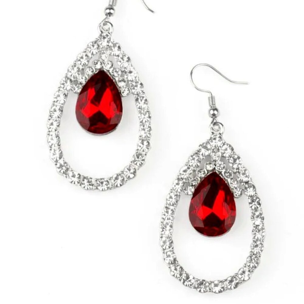 Holiday Red Teardrop Rhinestone Earrings | Oversized Silver Red & White Glam